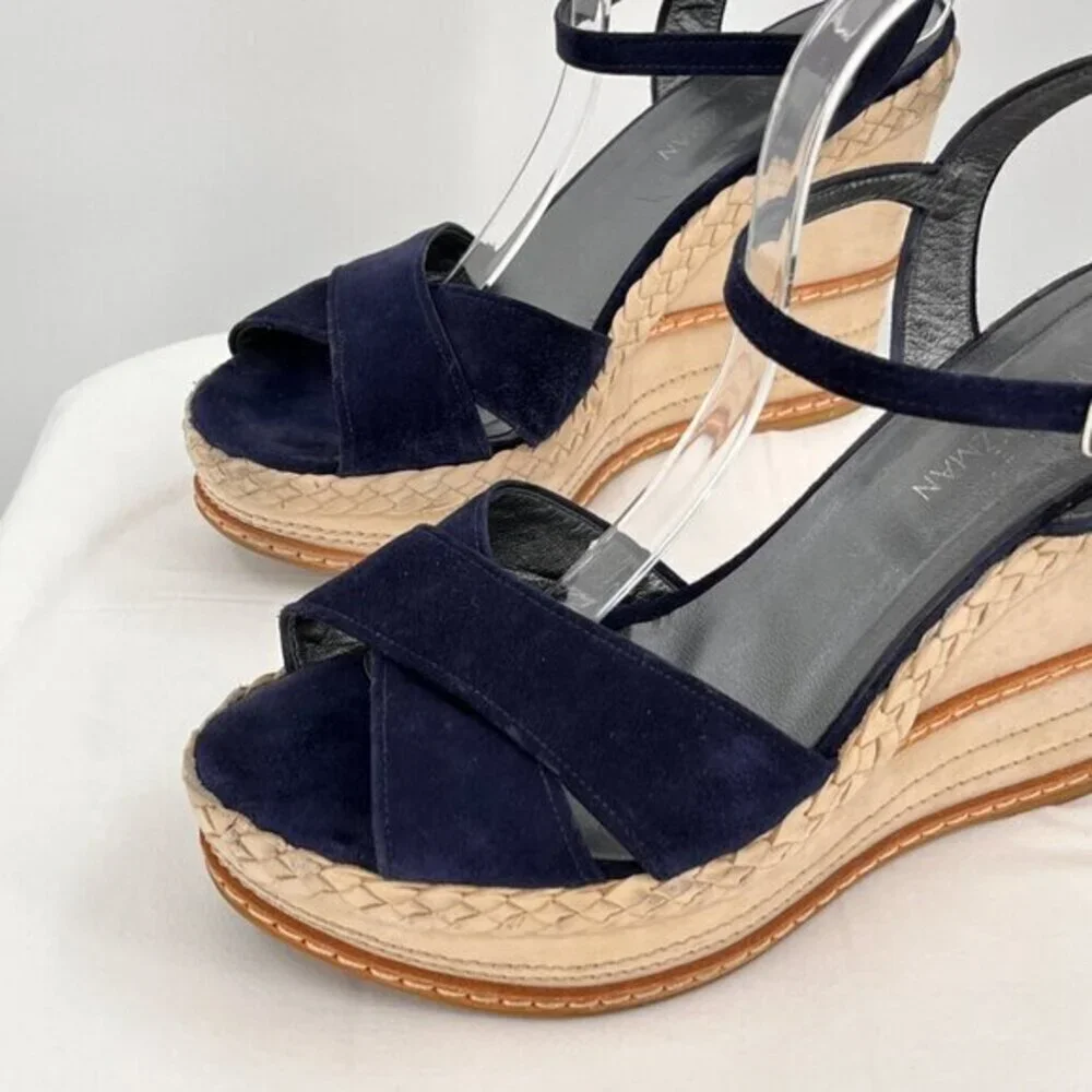 Stuart Weitzman Wedge Heeled Sandals Suede Navy Blue/Ivory 11.5 Ankle Strap Open